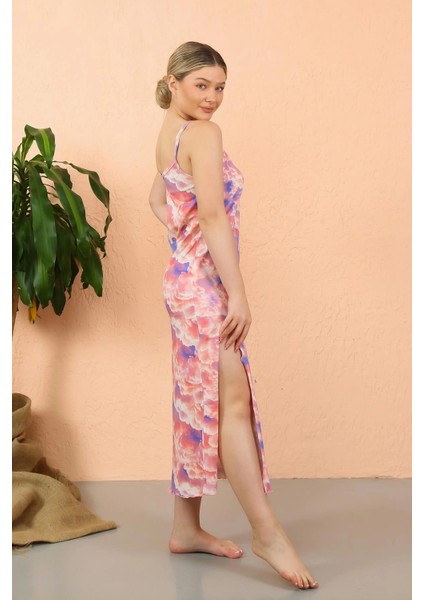 Marsilyan- Kadın Ip Askılı Yırtmaçlı Uzun Pembe Gecelik modelleri