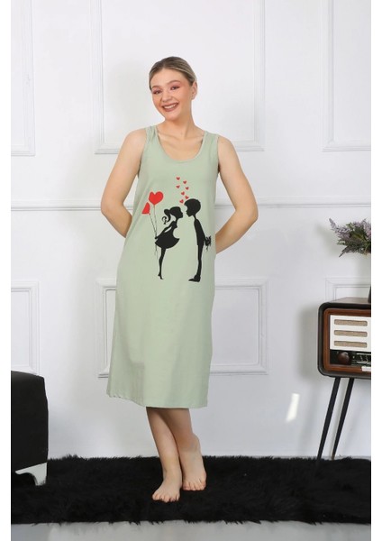 - Kadın Kalın Askılı Penye Uzun Fıstık Yeşili Gecelik