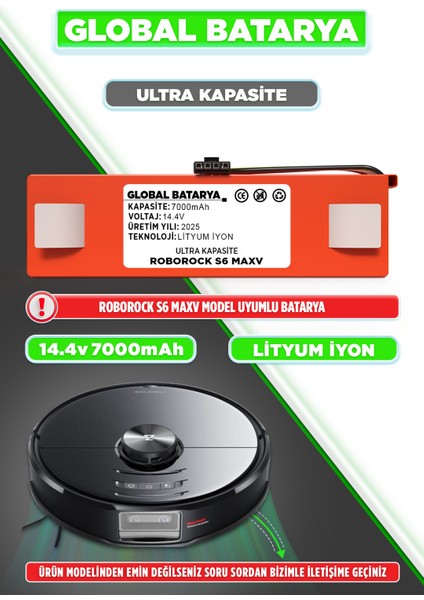 Roborock S6 Maxv Uyumlu Akıllı Robot Süpürge Bataryası 14.4V 7000MAH Li-Ion Pil (Ultra Kapasite)