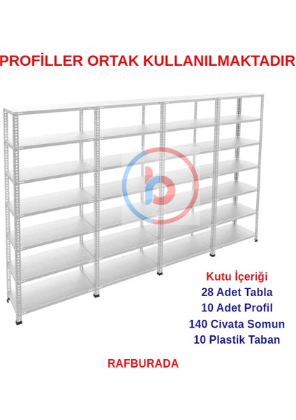 7 Katlı 4'lü Galvaniz Çelik Raf - Depo, Arşiv, Kiler, Dosya, Market Rafı - 31x60 cm-250 cm-1.00 mm fırsatları