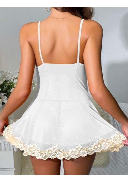 - Beyaz Dantel Işlemeli Ince Askılı Likralı Fantezi Tül Gecelik fiyatları