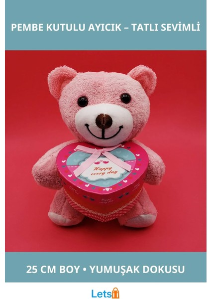 Sevimli Pembe Kutulu Peluş Ayıcık 25 cm Kalp Kapaklı