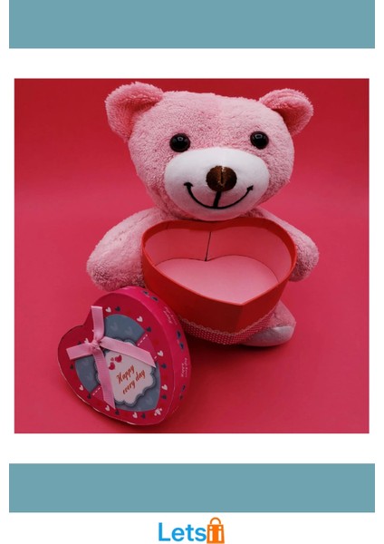 Sevimli Pembe Kutulu Peluş Ayıcık 25 cm Kalp Kapaklı modelleri