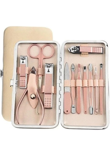12 Parça Pembe Manikür Seti Çantalı Paslanmaz Çelik Manikür & Pedikür Seti