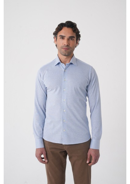 Açık Mavi Uzun Kol Klasik Yaka Örme Cepsiz Erkek Gömlek GMKLS250027_D33