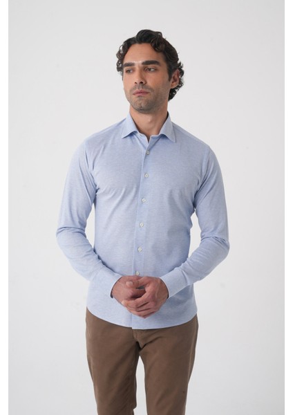 Açık Mavi Uzun Kol Klasik Yaka Örme Cepsiz Erkek Gömlek GMKLS250027_D33 fiyatları