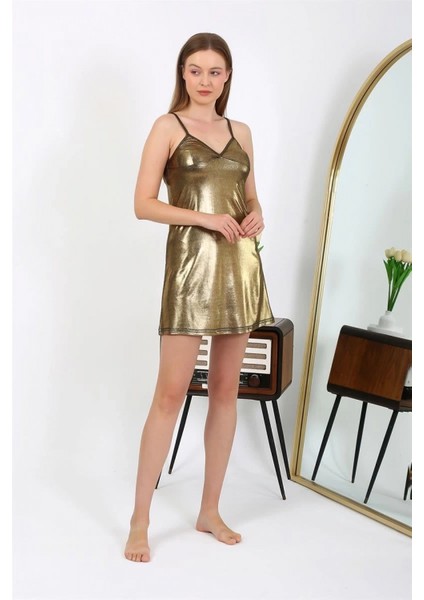 - Ip Askılı Micro Kumaş Kısa Parlak Gecelik Ev Giyim Sarı