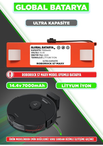 Roborock S7 Maxv Uyumlu Akıllı Robot Süpürge Bataryası 14.4V 7000MAH Li-Ion Pil (Ultra Kapasite)