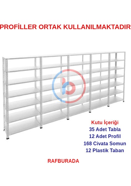 7 Katlı 5'li Galvaniz Çelik Raf - Depo, Arşiv, Kiler, Dosya, Market Rafı - 31x60 cm-200 cm-1.00 mm fırsatları