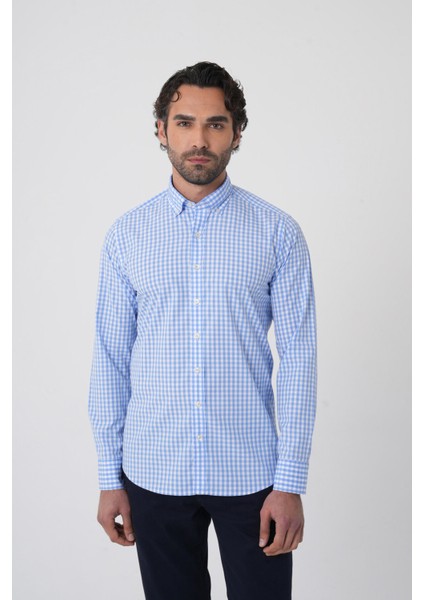 Erkek Regular Fit Uzun Kol Paşa Yaka Erkek Regular Pamuk Mavi Gömlek GMCZG250017_D35