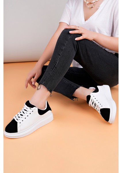 LC109 Beyaz Siyah Süet Kadın Sneaker modelleri