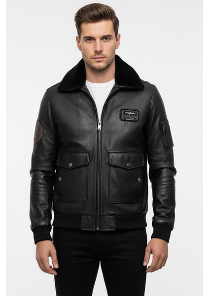 Siyah Top Gun Yaka Kürklü Erkek Hakiki Deri Mont