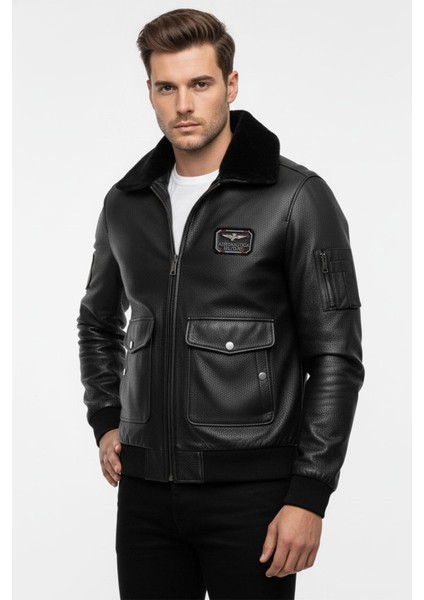 Siyah Top Gun Yaka Kürklü Erkek Hakiki Deri Mont fiyatları