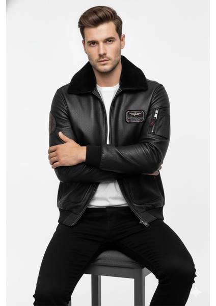 Siyah Top Gun Yaka Kürklü Erkek Hakiki Deri Mont modelleri