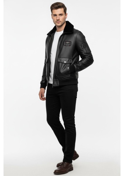 Siyah Top Gun Yaka Kürklü Erkek Hakiki Deri Mont fırsatları