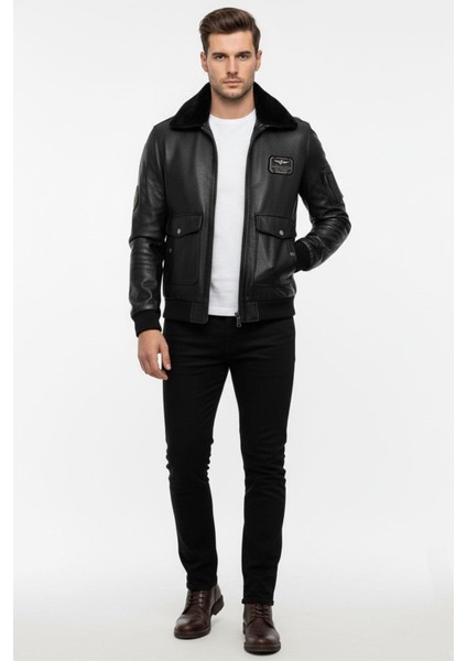 Siyah Top Gun Yaka Kürklü Erkek Hakiki Deri Mont