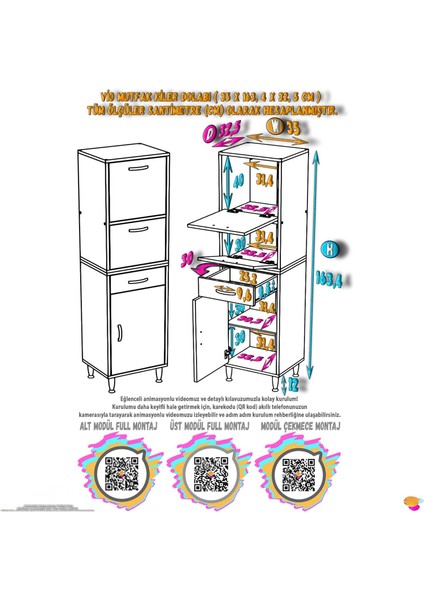 Vio Çok Amaçlı Dolap: (35X163.4X32,5 Cm) Ölçülerinde, Çekmeceli ve Kapaklı Mutfak Dolabı.