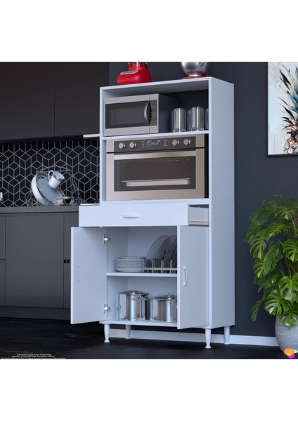 VİO Fırın Dolabı (75x163,4x32.5 cm) Çekmeceli Kapaklı Mini/Midi Mikrodalga Mutfak Dolabı