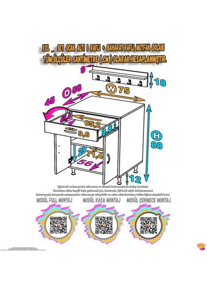 QPLAS (XXL) Set Ocak Altı Dolap 75x88x56 cm Çekmeceli, Kapaklı 2 Göz Raf Bölmeli