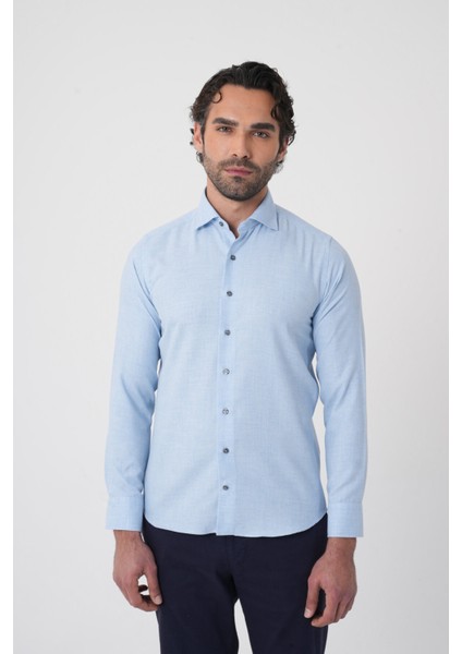 Regular Fit Italyan Yaka Pamuk Mavi Erkek Gömlek GMFLN0222303221_D35