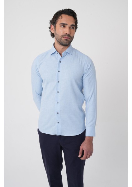 Regular Fit Italyan Yaka Pamuk Mavi Erkek Gömlek GMFLN0222303221_D35 fiyatları