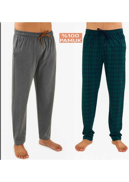 Erkek Pamuklu Yeşil Ekose -Antrasit 2'li Tek Alt Pijama - Mevsimlik Pijama Altı