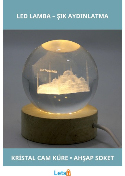 3D Istanbul Temalı Kristal Cam Küre LED Lamba Ahşap Soketli