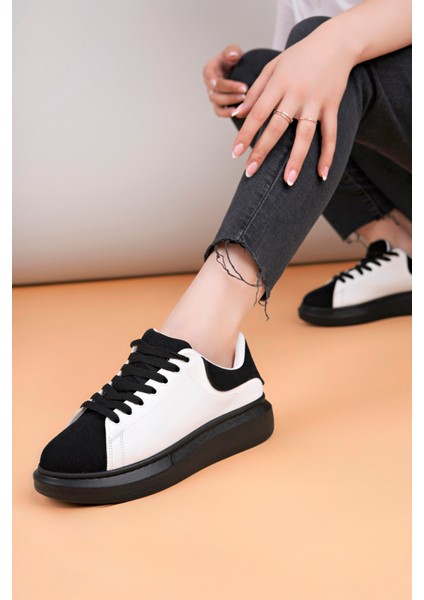 LC109 Beyaz Siyah Süet Siyah Taban Kadın Sneaker