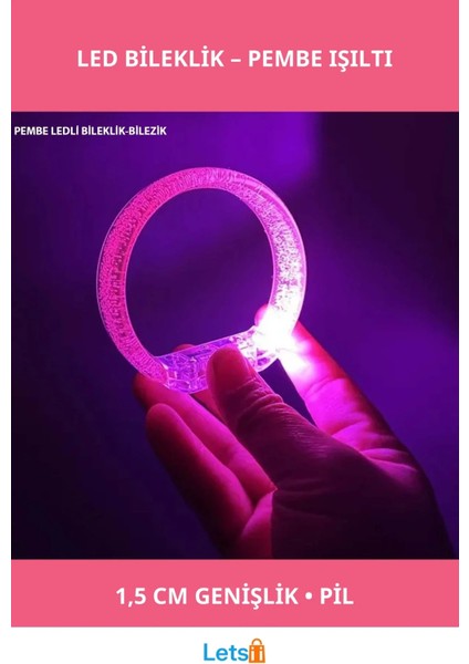 Pembe LED Işıklı Baskı Yapılabilen Pilli Bileklik Bilezik 1,5 cm