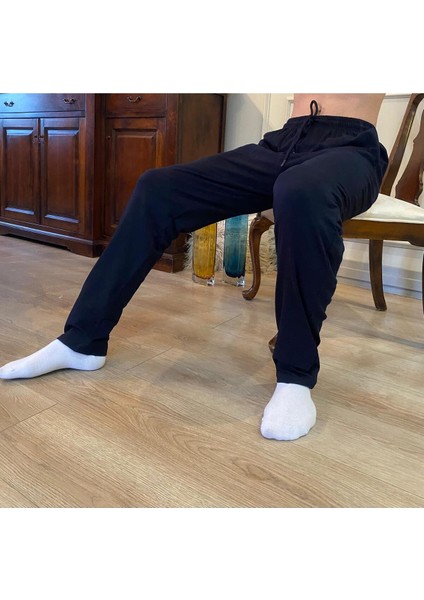 Erkek Lacivert Düz Paça Penye %100 Pamuklu Standart Fit Pijama Altı Normal Kesim Beli Lastikli Cepli