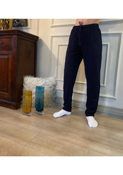 Erkek Lacivert Düz Paça Penye %100 Pamuklu Standart Fit Pijama Altı Normal Kesim Beli Lastikli Cepli fiyatları