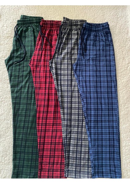 4 Adet Erkek Ekose Kareli Desenli Pamuklu Pijama Altı - Saf Pamuk Ultra Kalite Tek Alt Pijama