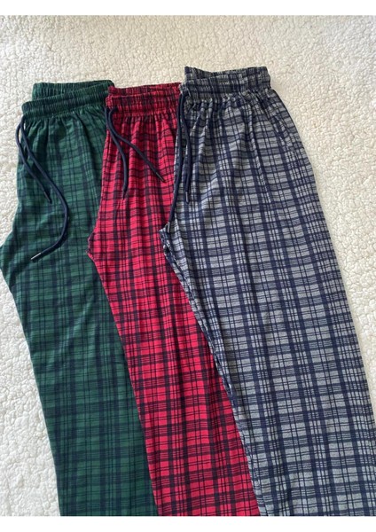 3 Adet Erkek Ekose Desen Kareli %100 Pamuk Cepli Beli Lastikli Ultra Kaliteli Erkek Pijama Altı