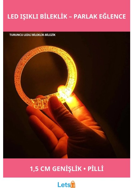 Turuncu LED Işıklı Kişiselleştirilebilir Pilli Bileklik Bilezik 1,5 cm