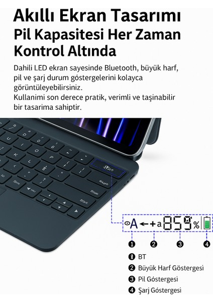 iPad Pro 12 ile Uyumlu (3-4-5-6 Nesil) / iPad Air 6 ile Uyumlu 13'' M2 Kablosuz Bluetooth Klavye 12.9, Touchpad’li, Dijital Ekranlı, Şarj Edilebilir, Türkçe Q, 64 Tuşlu fiyatları