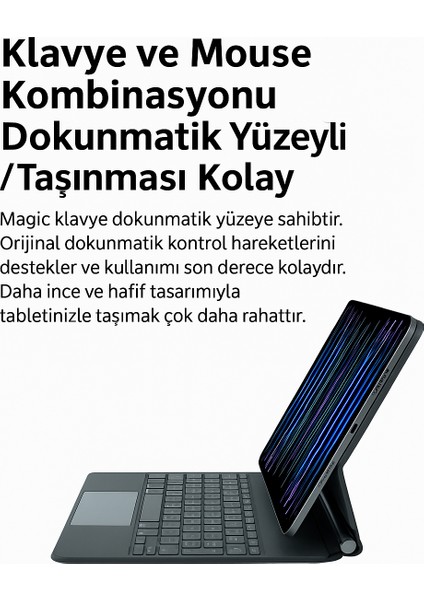 iPad Pro 12 ile Uyumlu (3-4-5-6 Nesil) / iPad Air 6 ile Uyumlu 13'' M2 Kablosuz Bluetooth Klavye 12.9, Touchpad’li, Dijital Ekranlı, Şarj Edilebilir, Türkçe Q, 64 Tuşlu modelleri