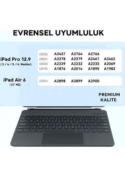 iPad Pro 12 ile Uyumlu (3-4-5-6 Nesil) / iPad Air 6 ile Uyumlu 13'' M2 Kablosuz Bluetooth Klavye 12.9, Touchpad’li, Dijital Ekranlı, Şarj Edilebilir, Türkçe Q, 64 Tuşlu indirimleri