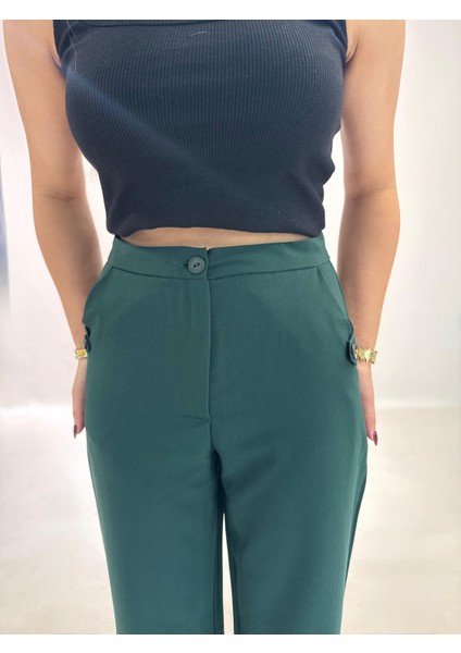 Yüksek Bel Cepli Poliviskon Palazzo Pantolon – Şık Düğme ve Apolet Detaylı Kadın Pantolon