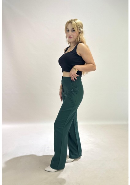 Yüksek Bel Cepli Poliviskon Palazzo Pantolon – Şık Düğme ve Apolet Detaylı Kadın Pantolon fiyatları