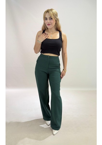 Yüksek Bel Cepli Poliviskon Palazzo Pantolon – Şık Düğme ve Apolet Detaylı Kadın Pantolon modelleri