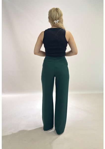 Yüksek Bel Cepli Poliviskon Palazzo Pantolon – Şık Düğme ve Apolet Detaylı Kadın Pantolon fırsatları