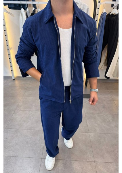 Slimfit Yakalı Astarlı Yan Cep Baggy Pantolonlu Kadife Takım