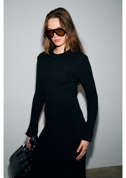 Duende Kadın Yuvarlak Yaka Çizgi Desenli Slim Fit Triko Siyah Elbise modelleri