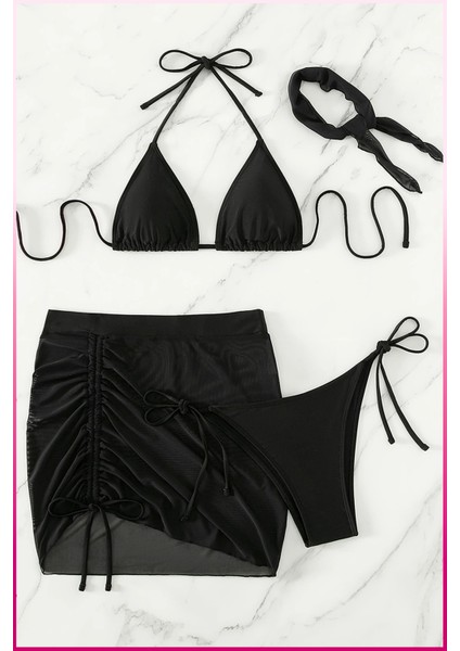 Siyah Askılı Bikini Takımı + Ayarlanabilir Büzgülü Etek – Tatil Stili