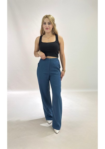 Yüksek Bel Cepli Poliviskon Palazzo Pantolon – Şık Düğme ve Apolet Detaylı Kadın Pantolon