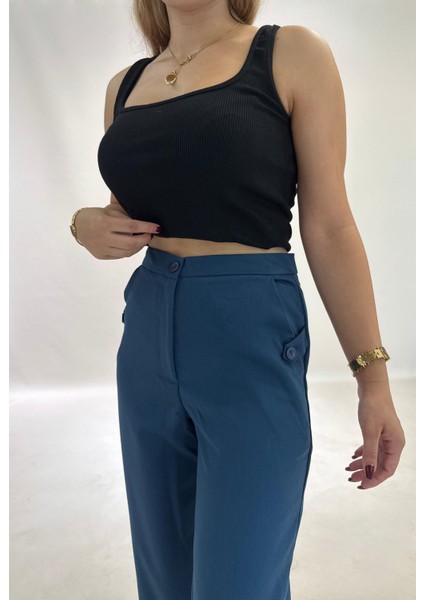 Yüksek Bel Cepli Poliviskon Palazzo Pantolon – Şık Düğme ve Apolet Detaylı Kadın Pantolon fiyatları