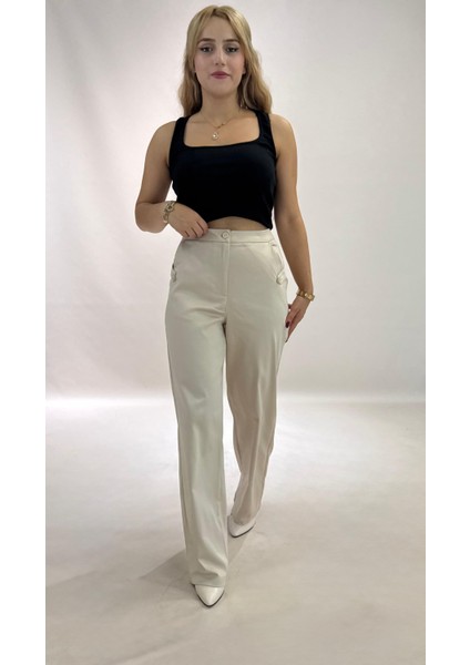 Yüksek Bel Cepli Poliviskon Palazzo Pantolon – Şık Düğme ve Apolet Detaylı Kadın Pantolon