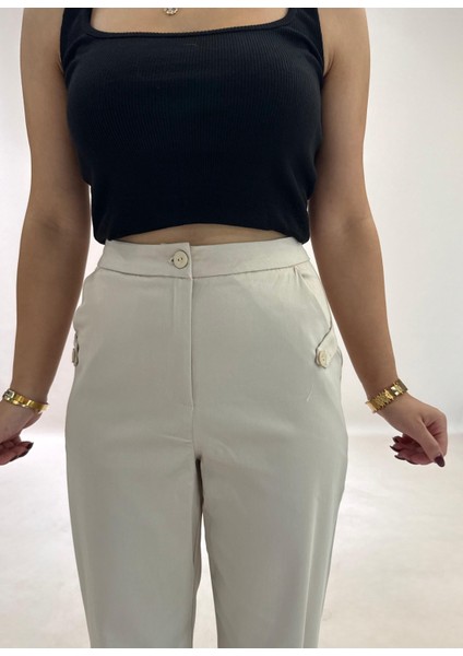 Yüksek Bel Cepli Poliviskon Palazzo Pantolon – Şık Düğme ve Apolet Detaylı Kadın Pantolon fiyatları