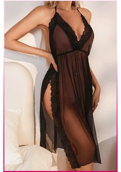 Kadın Siyah Dantel Detaylı Şifon Gecelik – Yırtmaçlı Zarif Uzun Iç Giyim Elbisesi indirimleri