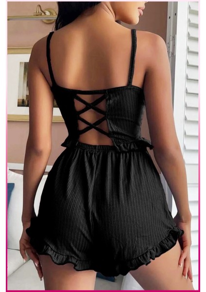 Kadın Siyah Saten Görünümlü Askılı Fırfırlı Şortlu Ev Giyim Takımı – Şık ve Rahat Yazlık Ev Kıyafeti fiyatları